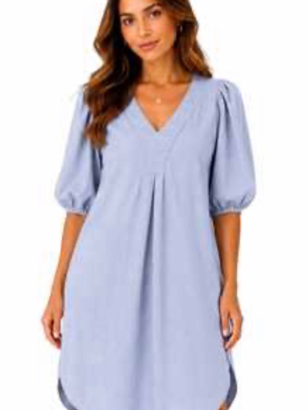 Cynthia Rowley Relaxed Linen Blend V-Neck Puff Sleeve Midi Dress Curved Hem